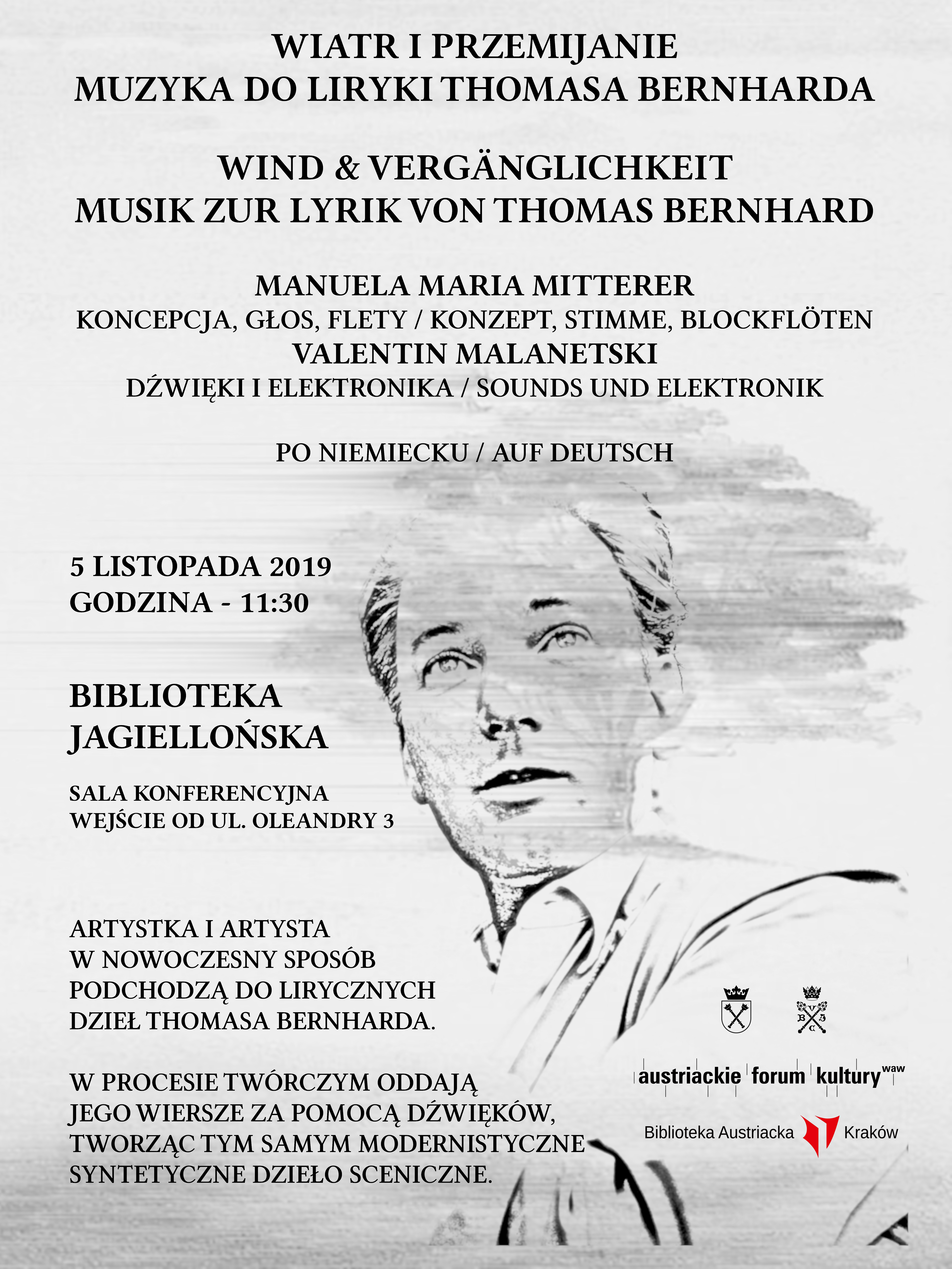 Plakat informujący o wydarzeniu Wiatr i przemijanie – Muzyka do liryki Thomasa Bernharda. Pełne informacje znajdują się nad grafiką