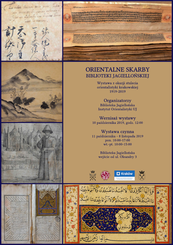 Plakat wystawy "Orientalne skarby Biblioteki Jagiellońskiej". Pełne informacje znajdują się nad grafiką.