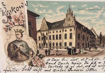 Grafika na pocztówce ilustruje elewację budynku poprzedniej siedziby Biblioteki Jagiellońskiej w Collegium [majus] , róg ulicy Jagiellońskiej i Gołębiej