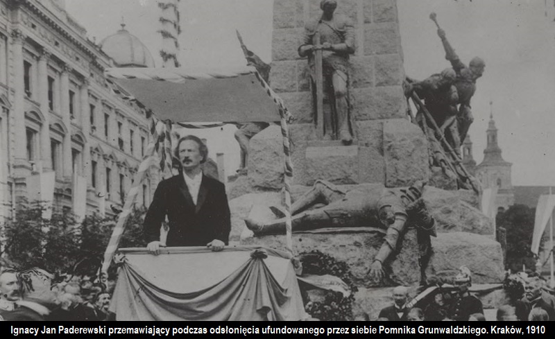 Ignacy Jan Paderewski przemawiający podczas odsłonięcia ufundowanego przez siebie Pomnika Grunwaldzkiego. Kraków 1910