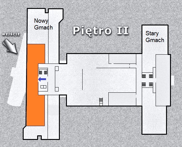 Na drugim piętrze po lewej stronie od wyjścia z windy znajduje się wejście do Czytelni Materiałów Własnych. Stoliki do pracy ustawione są w dwóch rzędach, na całej długości przestronnej sali.