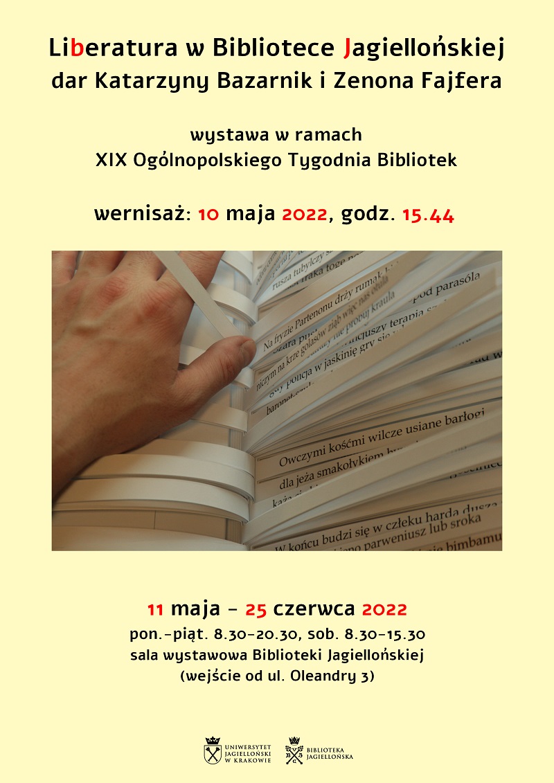 Plakat wystawy Liberatura w Bibliotece Jagiellońskiej - dar od Katarzyny Bazarnik i Zenona Fajfera. Przedstawione na plakacie informacje znajdują się powyżej grafiki.