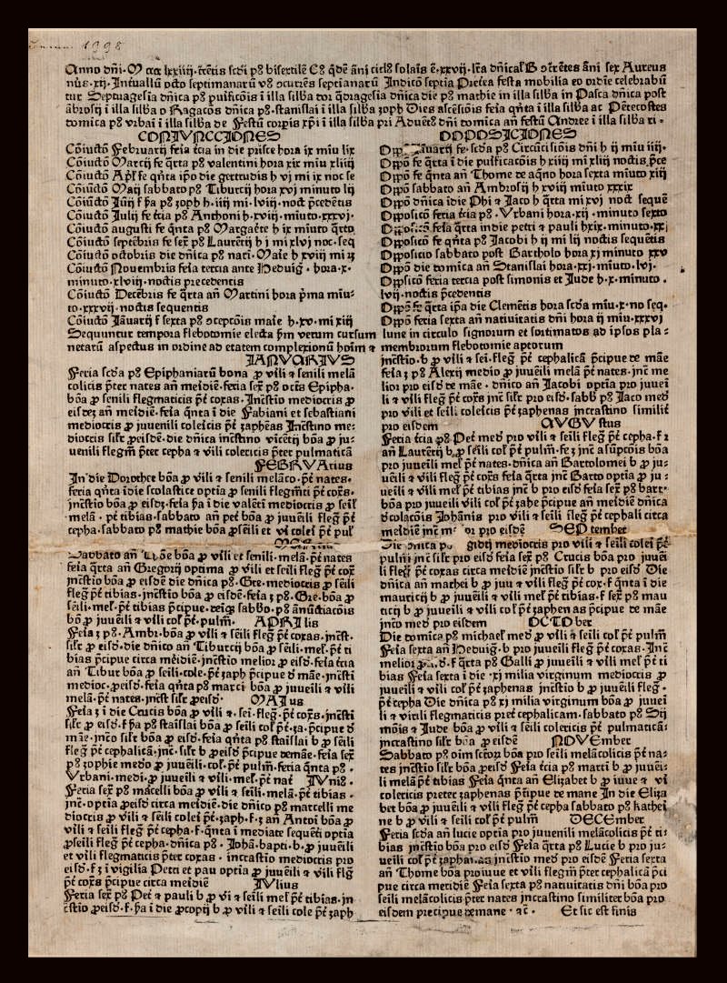 A unique copy of the oldest print embossed in Poland. Almanach ad annum 1474, [Kraków?: Kasper Straube?, about 1473], Inc. 1998